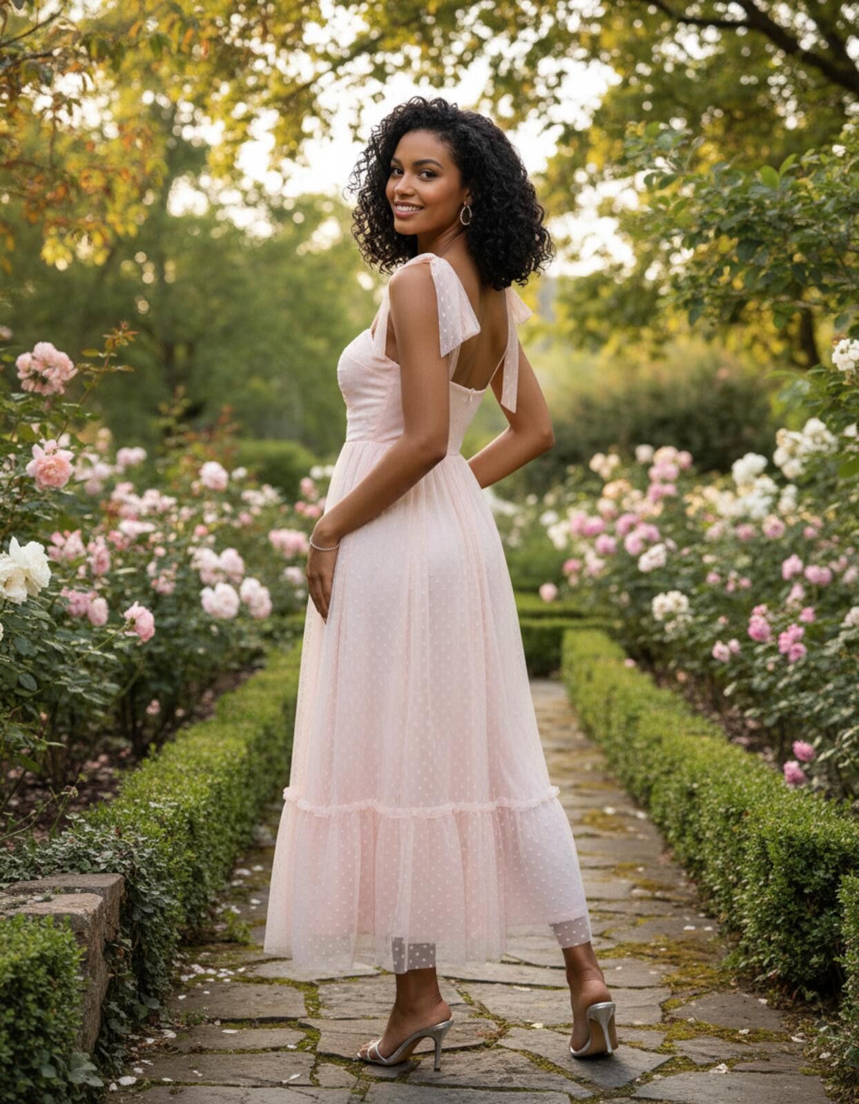 Other Elegant Light Pink Midi Dress with Bow Shoulder Straps XL Size XL / US 12-14 / IT 48-50 - 3 Thumbnail