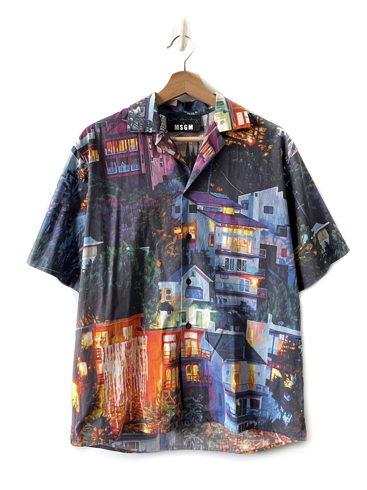 image of Italian Designers Msgm Landscape - Print Short Sleeve Shirt in Blue, Men's (Size Large)