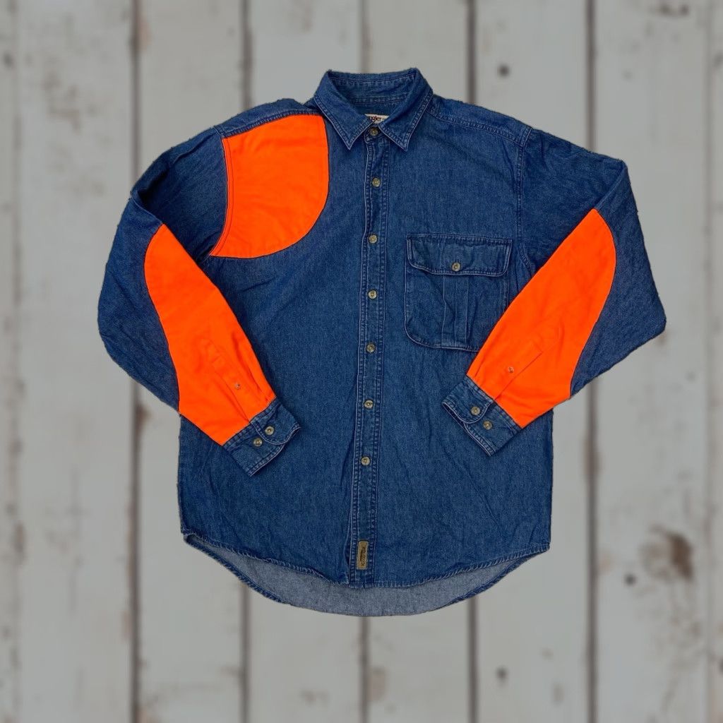 Wrangler Wrangler Rugged Wear Button-Up Shirt Denim Orange Mens Medium 15.5 15.5 oz Cotton Shotgun Shooting Outdoor All Seasons Button Size US L / EU 52-54 / 3 - 1 Thumbnail