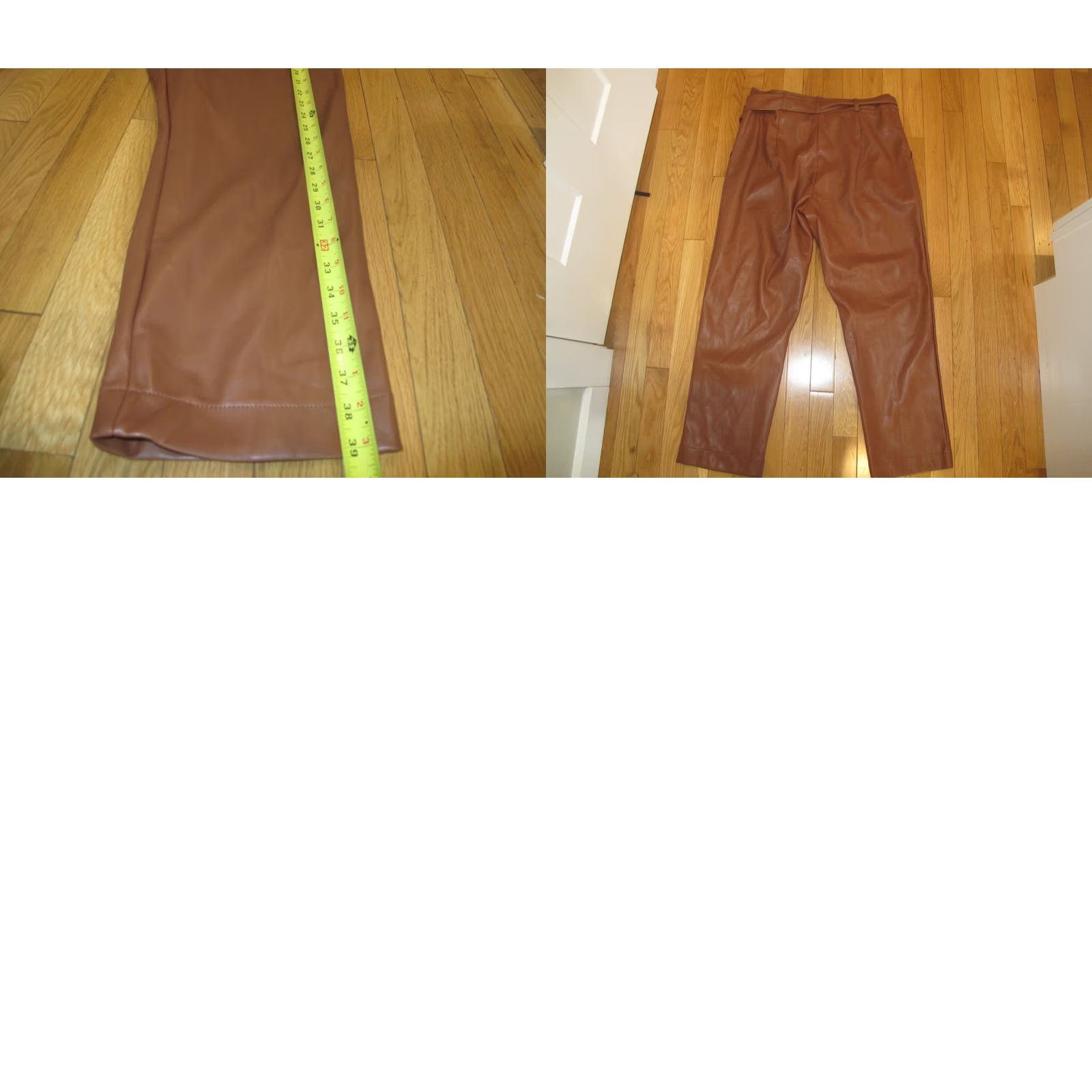 Vintage Single Thread Faux Leather Pants Women's L Brown 100% Polyurethane Belted Waist Ankle Straight Regular Fall Winter Spring Casual Womens Size 36" / US 14 / IT 50 - 9 Thumbnail