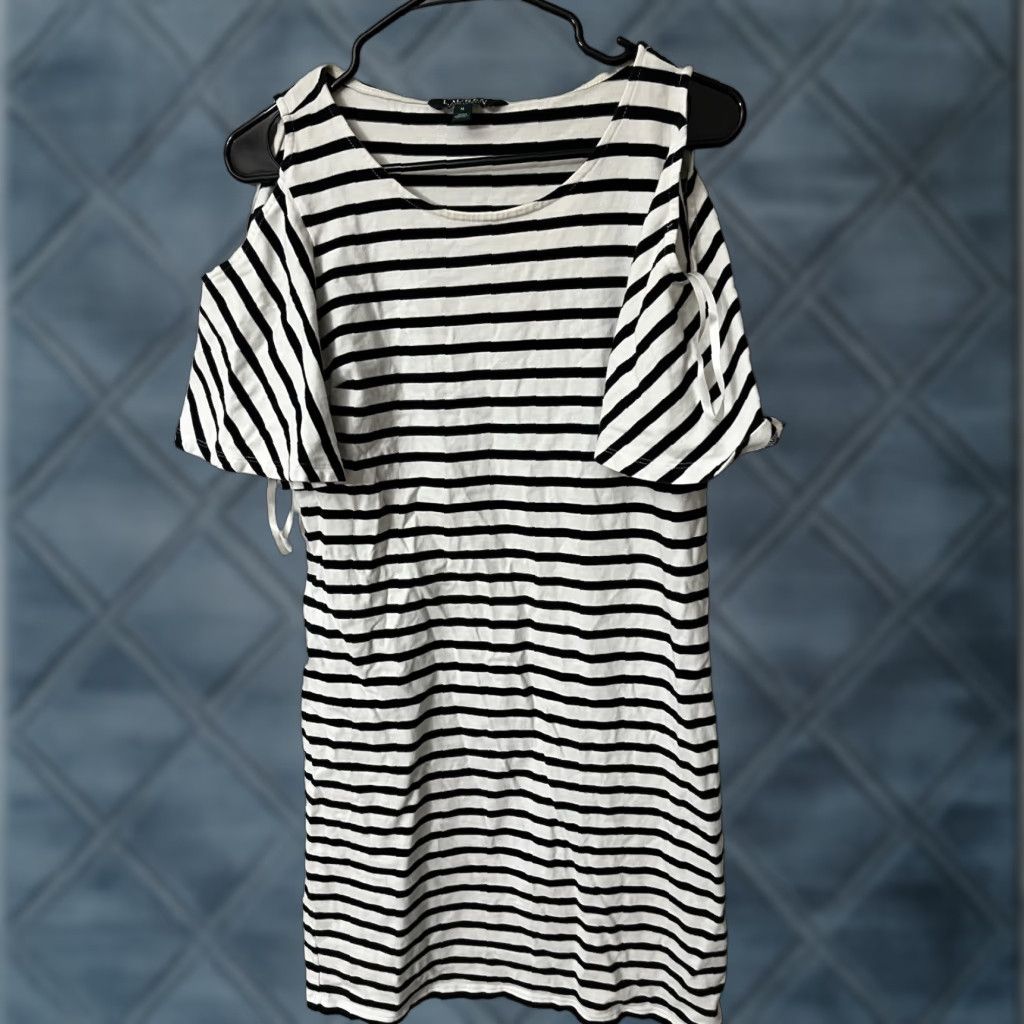 Ralph Lauren Ralph Lauren Women's Black Striped Short-Sleeve Cold Shoulder Dress M Knit 100% Cotton Casual Knee Length Round Neck Pullover Vintage No Size M / US 6-8 / IT 42-44 - 1 Thumbnail
