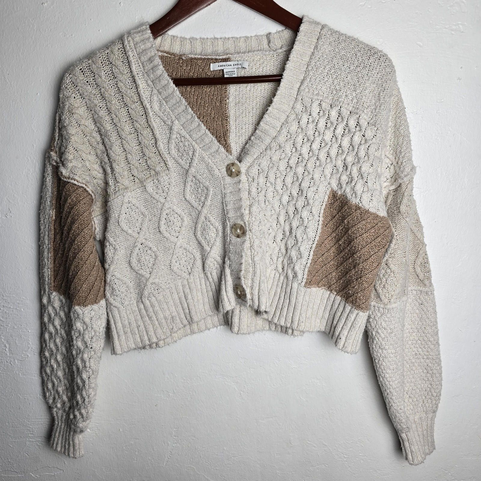 American Eagle Outfitters American Eagle Beige Cropped Patchwork Cardigan Sweater XS Size XS / US 0-2 / IT 36-38 - 1 Thumbnail