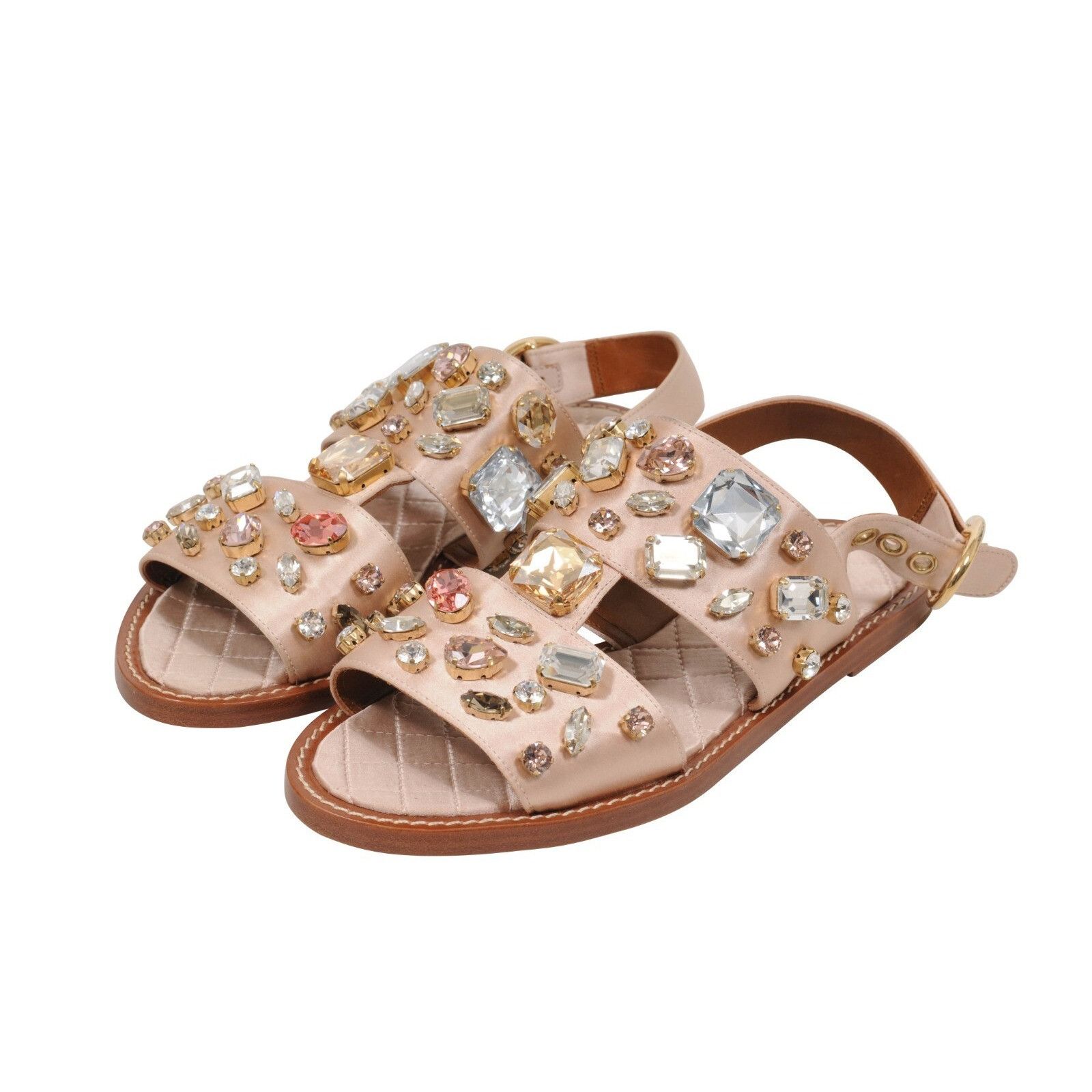 Dolce & Gabbana Sandals Tan Gold Satin Crystal Bejeweled Mule Size US 7 / IT 37 - 3 Thumbnail