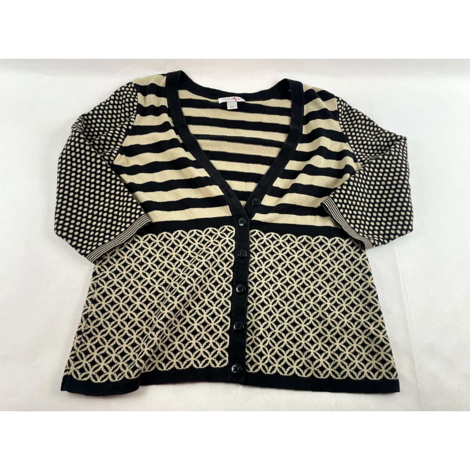 Vintage Christopher & Banks Sweater Cardigan Women's L Black Tan Striped Long Sleeve Size L / US 10 / IT 46 - 2 Thumbnail