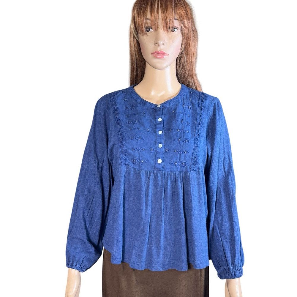 Lucky Brand NWT New Lucky Brand Embroidered Crochet Trim Blue Top Size Size S / US 4 / IT 40 - 1 Thumbnail