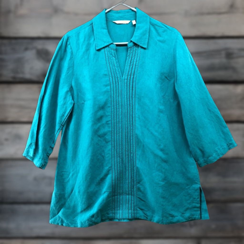 Soft Surroundings Soft Surroundings Blouse Shirt Womens M Blue Teal Linen Blend Pintuck 3/4 Sleeve Tunic Shirt Blouse Beach Bohemian Spring Summer Womens Size M / US 6-8 / IT 42-44 - 1 Thumbnail