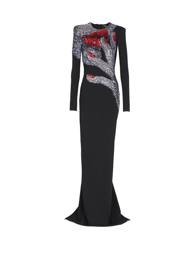Balmain o1s1wg110526 Long Embroidered Dress with Face Motif in Black Size S / US 4 / IT 40 - 1 Thumbnail
