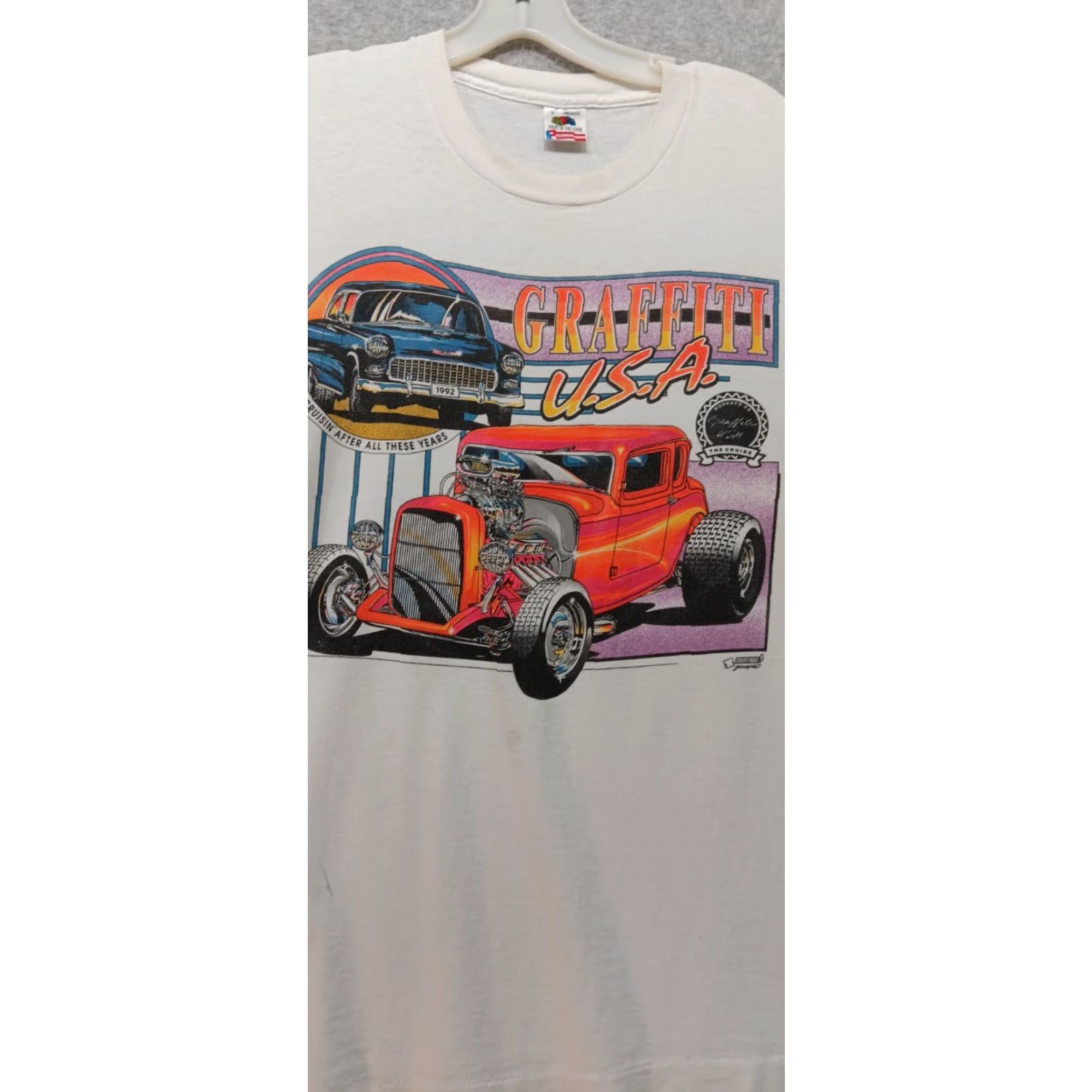 Fruit Of The Loom VINTAGE Graffiti USA 1992 T-Shirt Modesto CA Large White Single Stitch The Cruise Mens L Cotton Fruit of the Loom Graphic Tee Shirt Size US L / EU 52-54 / 3 - 5 Thumbnail