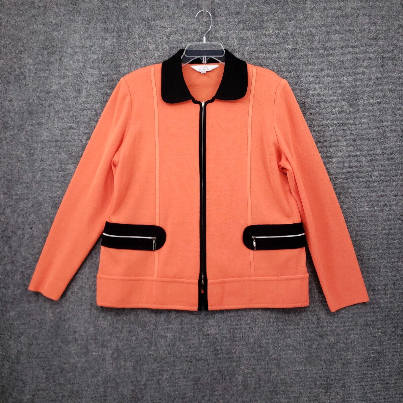 Image of Vintage Misook Jacket Womens XL Extra Large Orange Black Knit Full Zip Collared in White