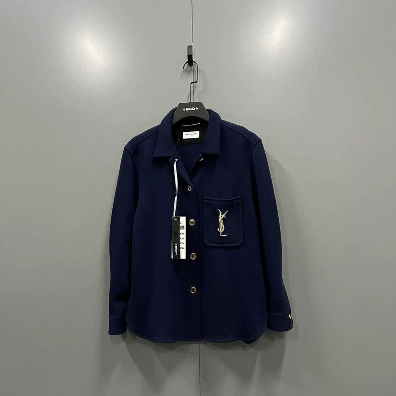 saint laurent navy blue jacket with gold logo