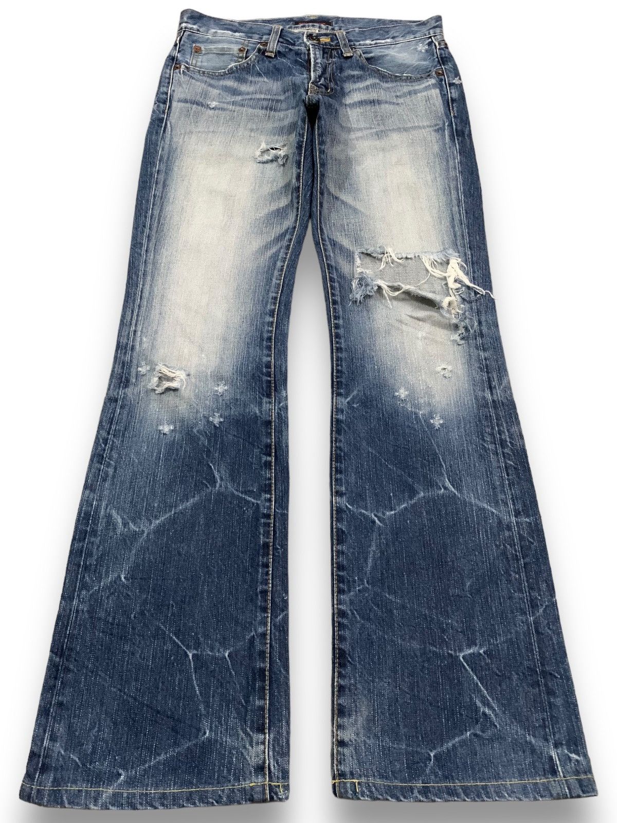If Six Was Nine Japanese Blue Way Cracked Wash Cross Distressed Flare Jeans Size US 30 / EU 46 - 1 Thumbnail