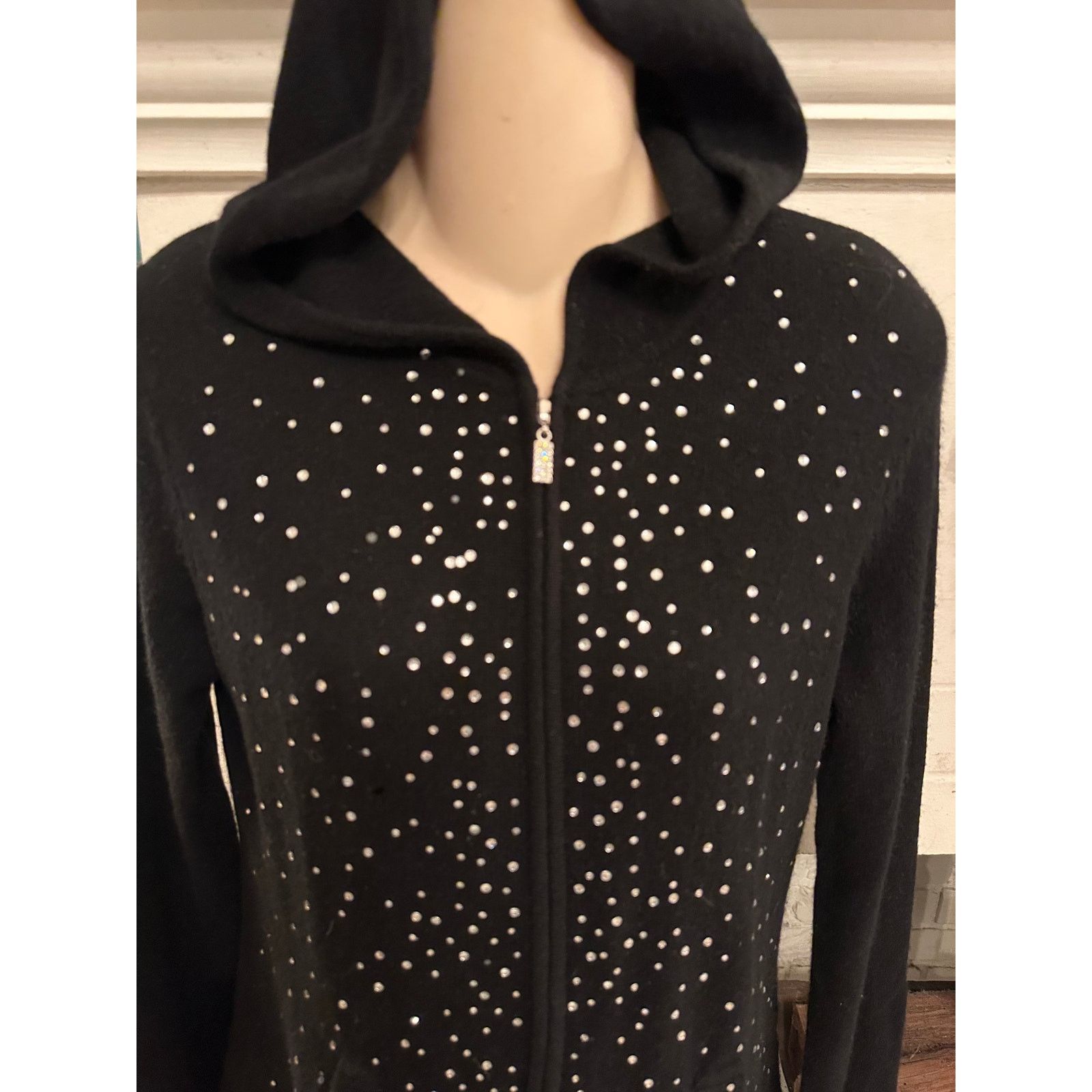 Other VINTAGE BLACK 100% CASHMERE RHINESTONE HOODIE S SUPER LUXE! Size S / US 4 / IT 40 - 1 Thumbnail