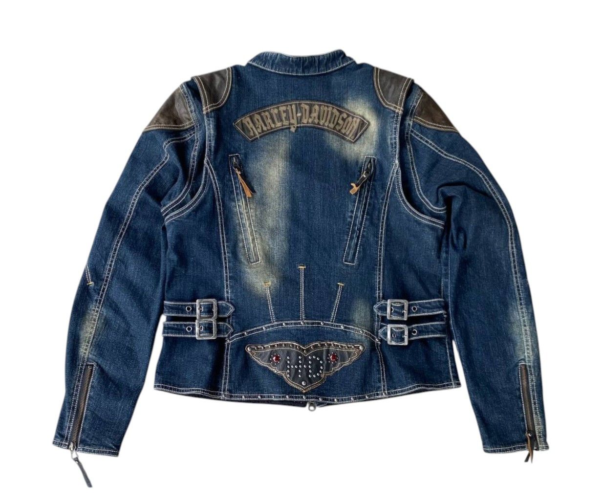 Harley Davidson Y2K Harley-Davidson Women Biker Jacket Denim Leather Studded Size L / US 10 / IT 46 - 1 Thumbnail