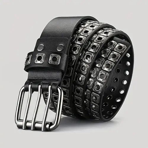 Anime × Goods × Leather Belts Black Retro Rivet Buckle Belt Size ONE SIZE - 2 Thumbnail