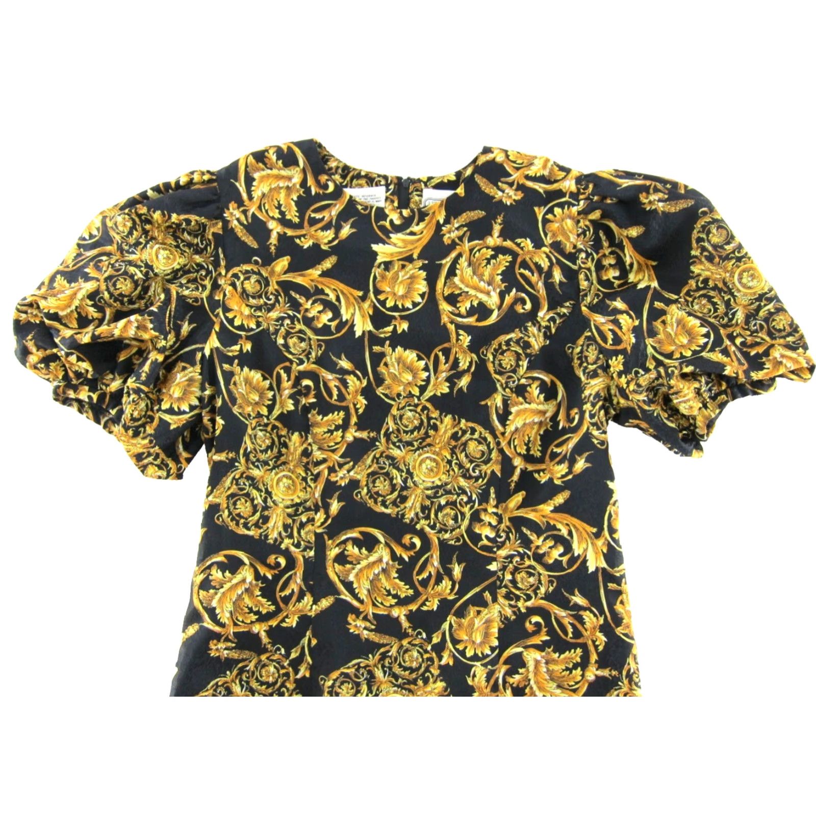 Vintage VINTAGE Liz Roberts Petites Black Gold Floral Puff Sleeve Pleat Shift Dress 12P Size XL / US 12-14 / IT 48-50 - 4 Thumbnail
