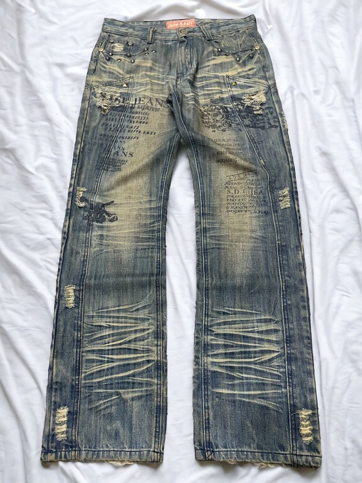 If Six Was Nine × Japanese Brand × Junya Watanabe Crazy Race Pierced & Studded Panelled Poem Mud Jeans Size US 32 / EU 48 - 1 Thumbnail