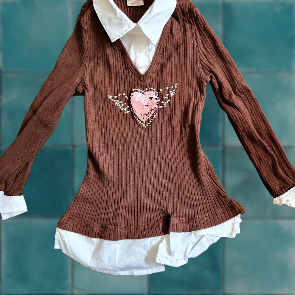 Vintage Beautees Junior Layered Look Preppy Buttons Collar Neck Sweater L Teens Brown Long Sleeve Regular Size L Size L / US 10 / IT 46 - 1 Thumbnail