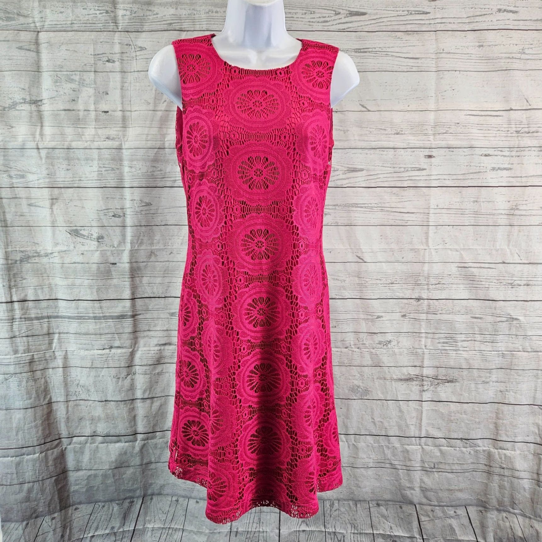 Vintage Eliza J Womens Dress Sz 0 Pink Crochet Lace Sleeveless Round Neck Fit & Flare Short Size XS / US 0-2 / IT 36-38 - 2 Thumbnail