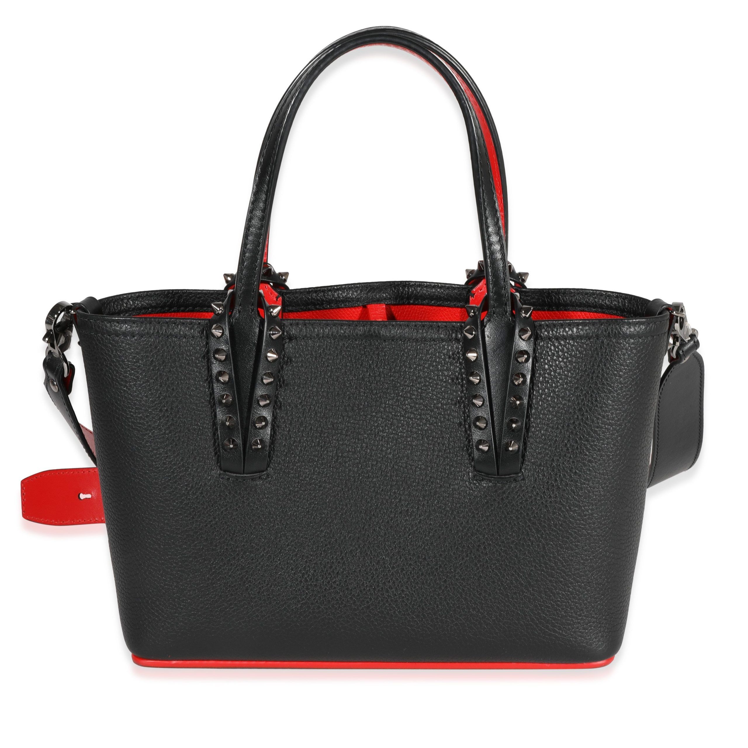 image of Christian Louboutin Black Pebbled Calf Leather Cabata Spike Mini Tote, Women's