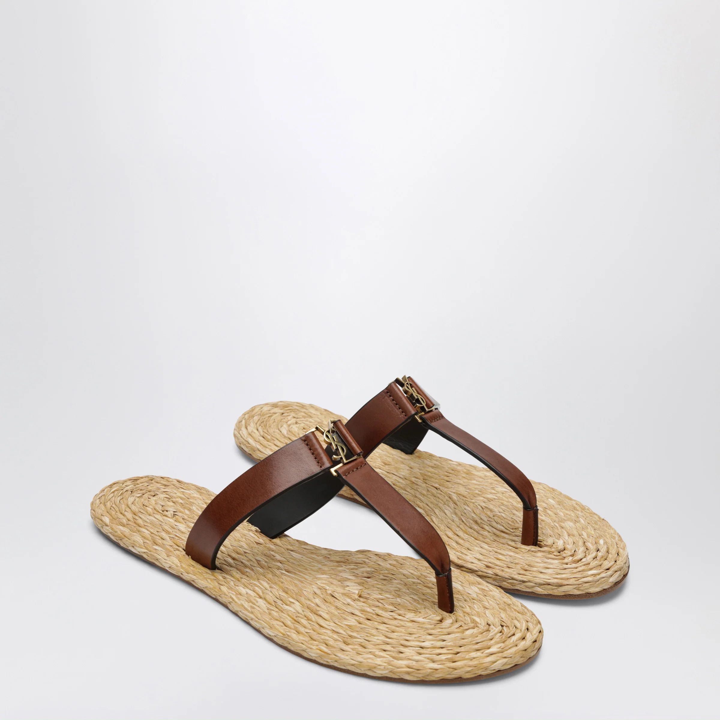 Saint Laurent Paris o1d2blof0526 Leather Thong Slippers in Brown/Beige Size US 7 / IT 37 - 2 Thumbnail