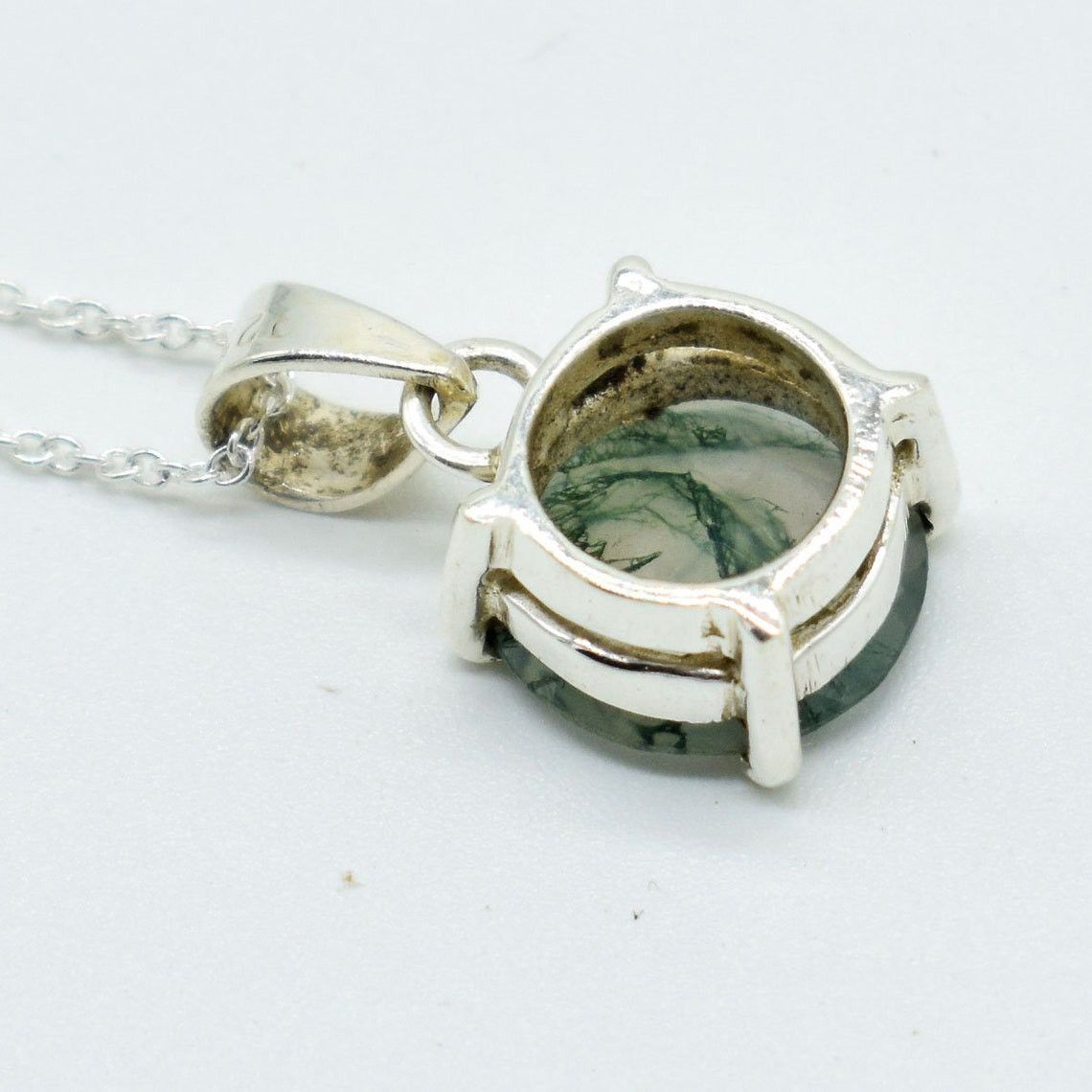 Handmade Moss Agate 925 Sterling Silver Pendant Necklace - 11mm Round Size ONE SIZE - 3 Thumbnail
