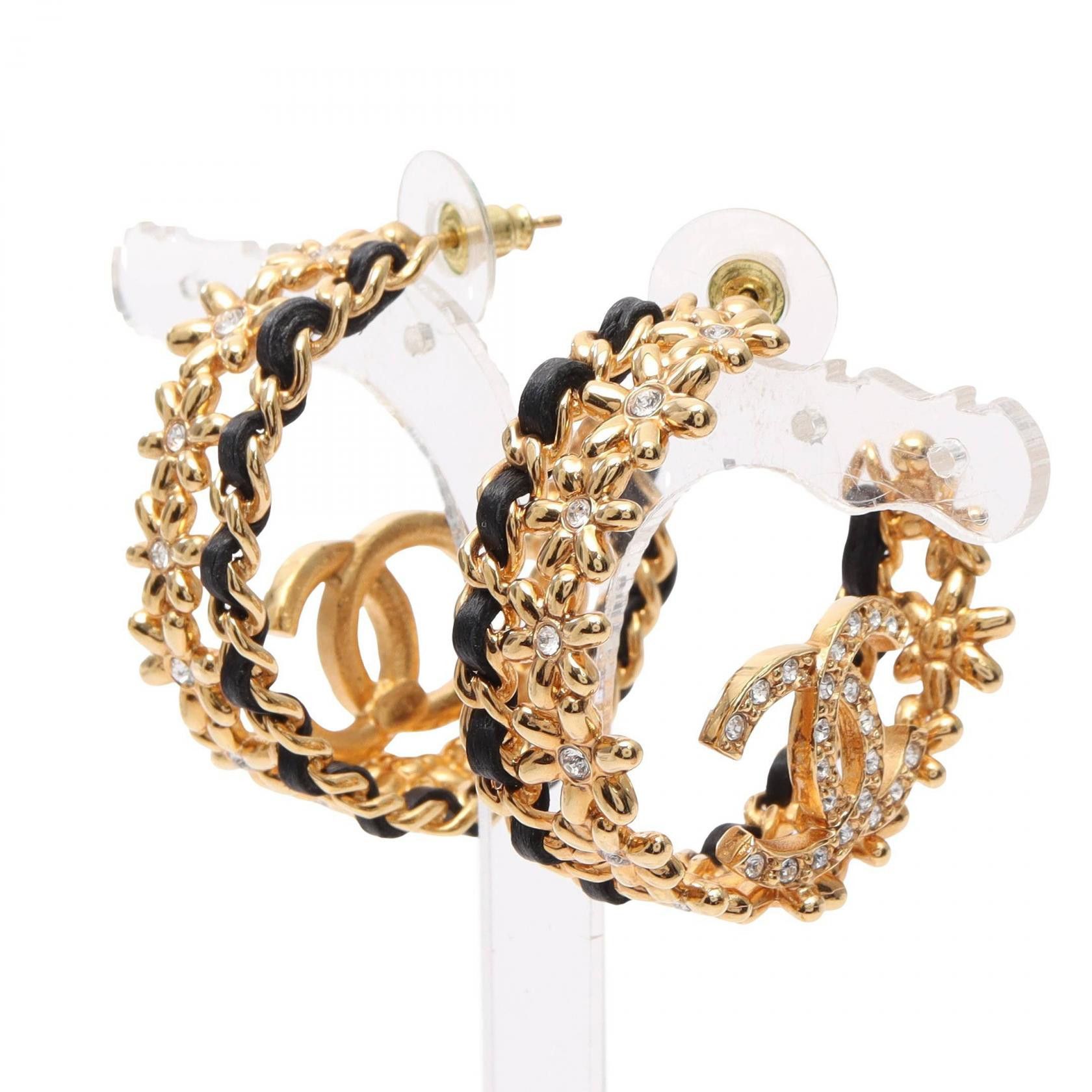 Chanel Chanel Chanel Coco Mark Leather Rhinestone Earrings Metal Earrings Size ONE SIZE - 1 Thumbnail