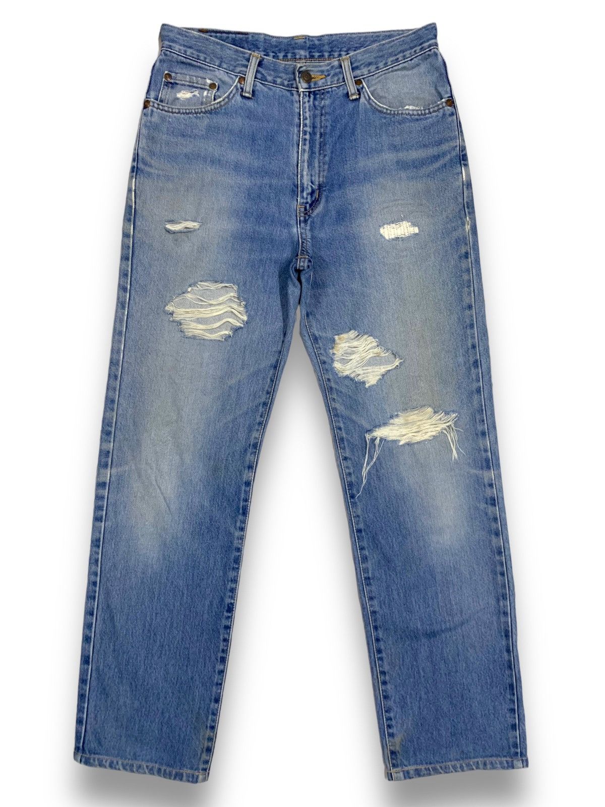 image of 1990X Clothing x Edwin Vintage 90's Edwin White Tab Blue Washed Distressed Jeans, Men's (Size 31)