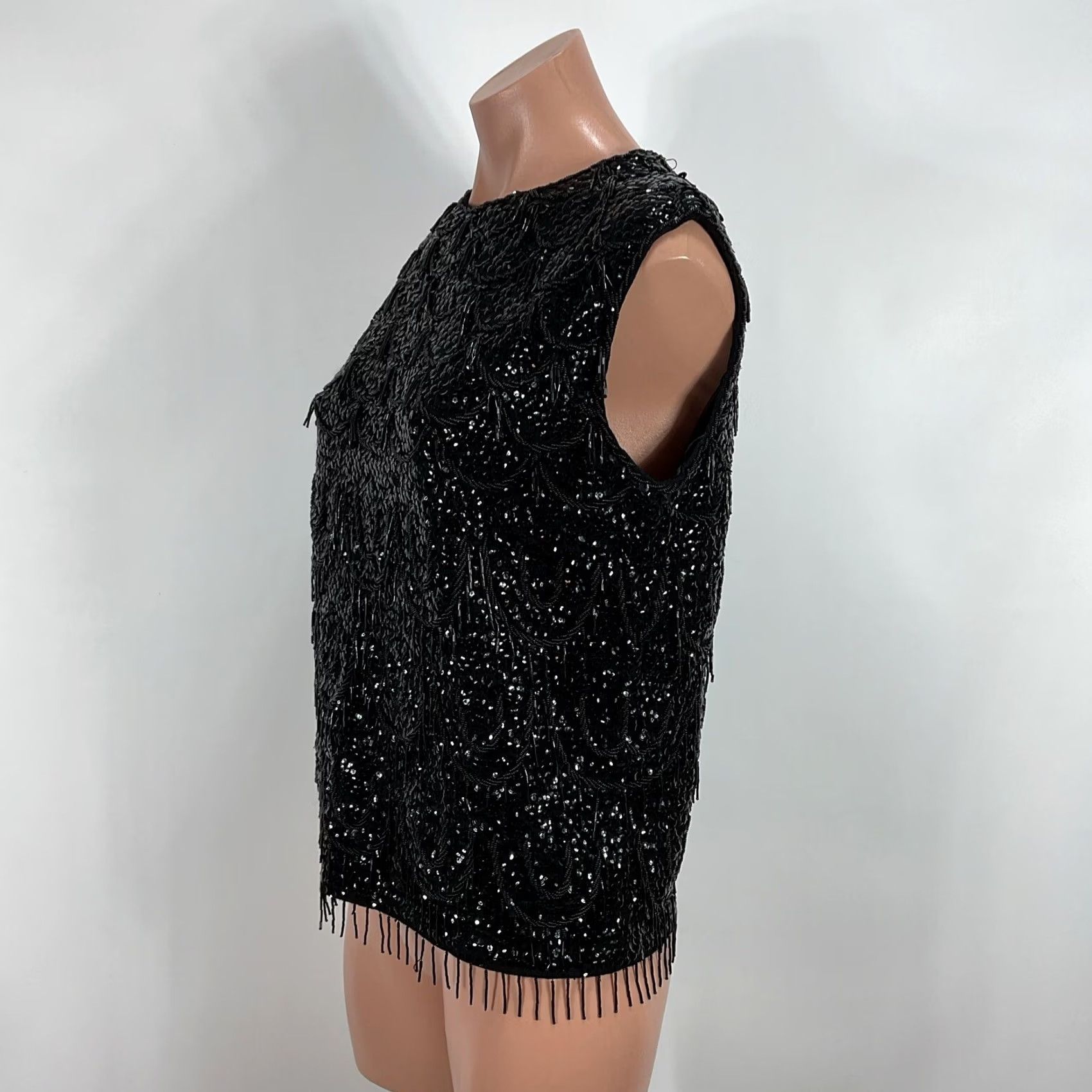 Vintage Gia Ninno Fringe High Neck Zip Back Vintage Black Wool Sequin & Beaded Top sz 14 Size L / US 10 / IT 46 - 7 Thumbnail