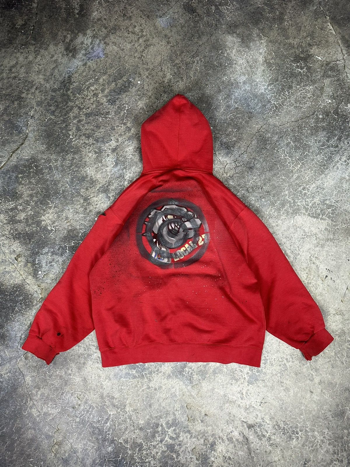 image of Vintage Thrashed Bulldogs Bullseye Hoodie in Red, Men's (Size XL)