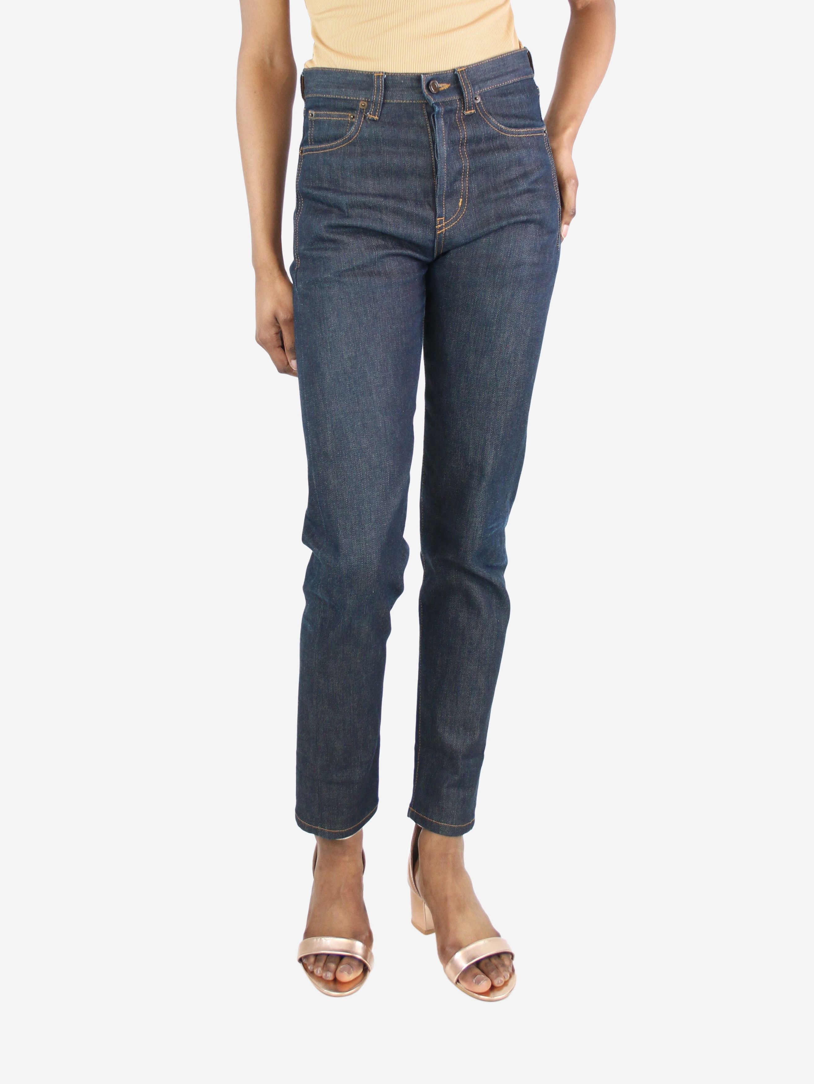 image of Saint Laurent Paris Blue High-Rise Cut Slim-Leg Trousers - Size Uk 6, Women's