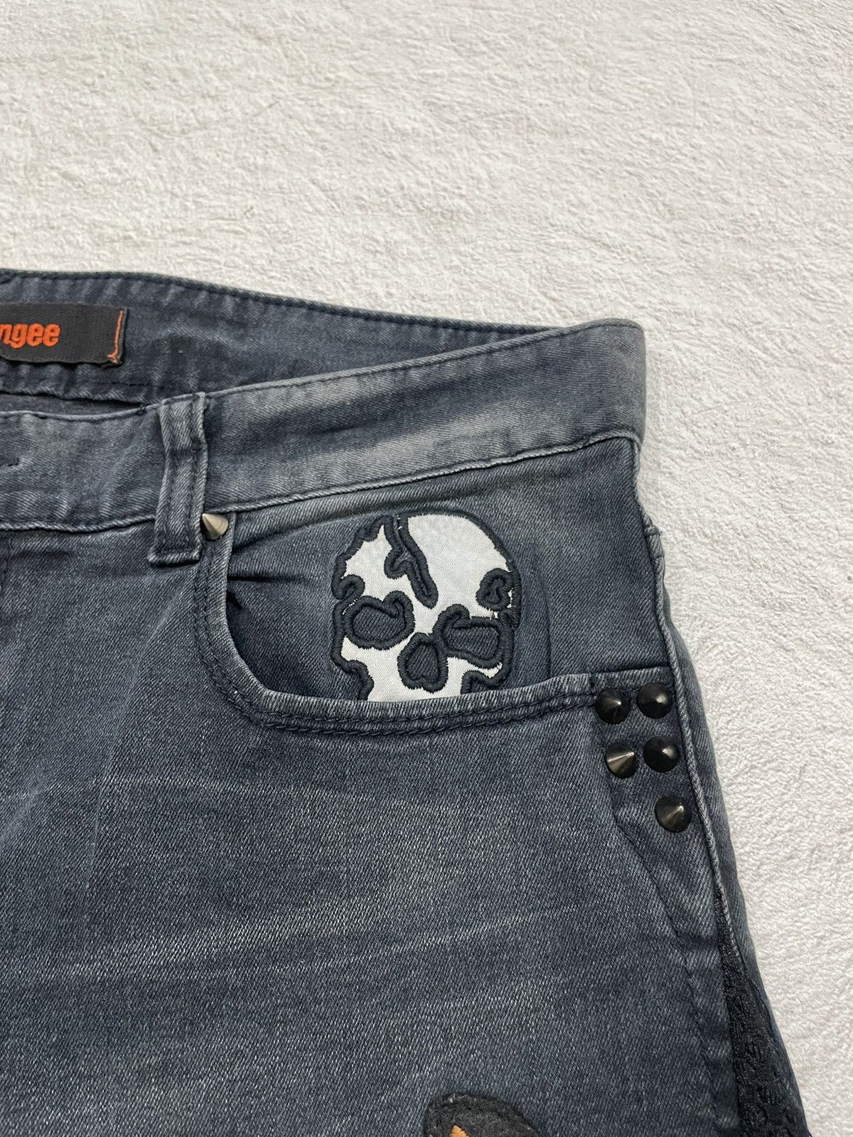 Japanese Brand 00s Jambangee Studed Denim Embroidered Skull Wash Jeans Y2K Size US 35 - 2 Thumbnail