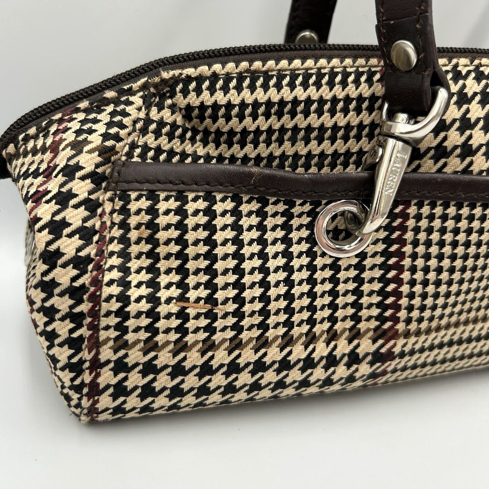 Ralph Lauren VINTAGE Lauren Ralph Lauren Womens Brown Multi Houndstooth Fabric Zip Shoulder Bag Size ONE SIZE - 3 Thumbnail