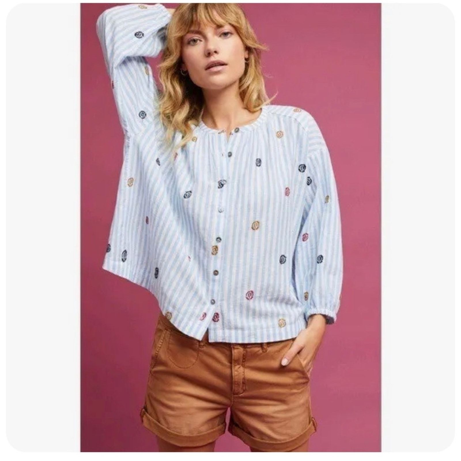 Anthropologie ANTHROPOLOGIE Akemi + Kim Adela Striped Blouse Embroidered Size S / US 4 / IT 40 - 1 Thumbnail