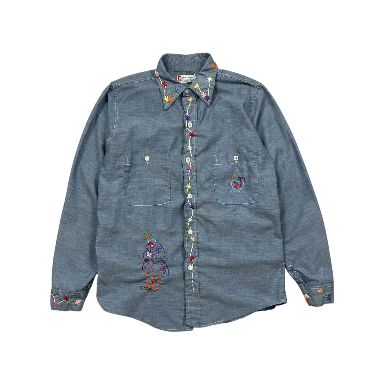 Vintage 70s PERMANENT PRESS EMBROIDERED CHAMBRAY SHIRT CLOWN FLOWER Size US M / EU 48-50 / 2 - 2 Thumbnail