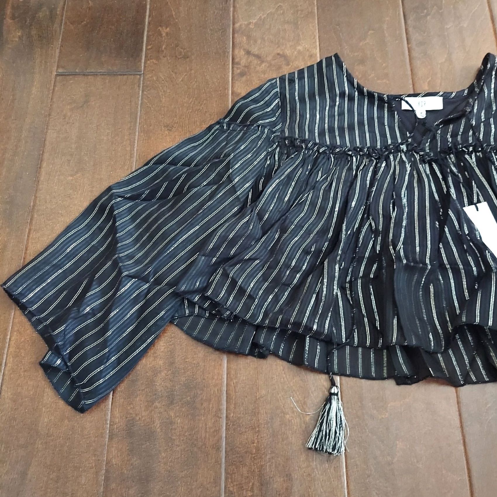 Vintage NSR Women's Black/White Stripe Blouse W/ Tassel - Size M - NWT Size M / US 6-8 / IT 42-44 - 4 Thumbnail