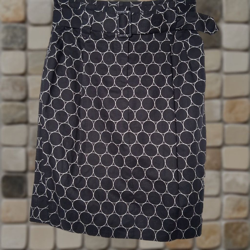 Vintage Apostrophe Skirt Belted Tulip Knee Length Black Linen Blend Cotton Geometric Pattern Size 8 Size 30" / US 8 / IT 44 - 1 Thumbnail
