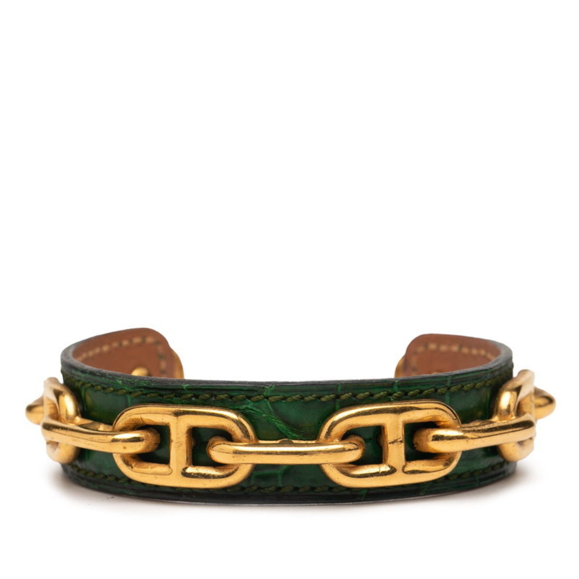 Hermes Hermes Hermès Chaine d'Ancre Bangle in Green and Gold Plated Leather for Women Size ONE SIZE - 1 Thumbnail