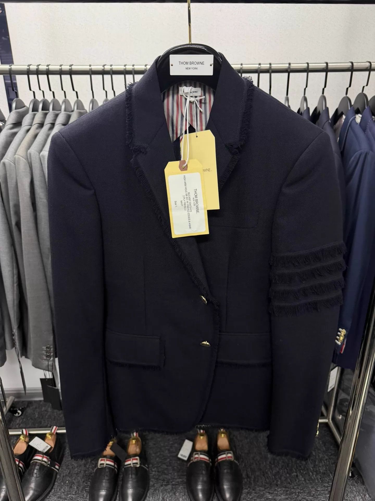 Thom Browne Thom Browne Men's 4-Bar Fringe Distressed Navy Slim Blazer Size US S / EU 44-46 / 1 - 1 Thumbnail
