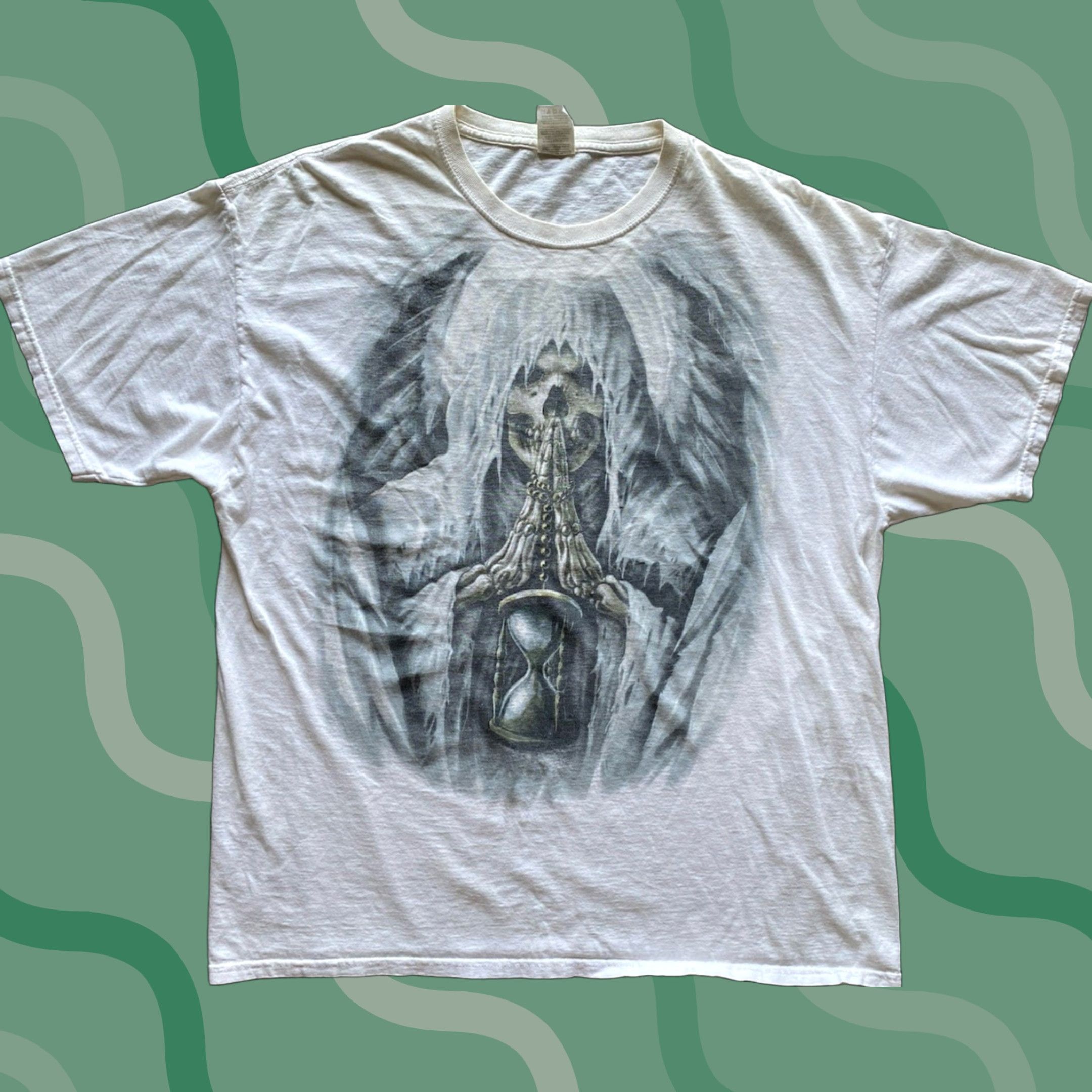 Fruit Of The Loom Y2K Grim Reaper Hourglass Skeleton XL Men’s White Fruit of the Loom T-Shirt Flaws Wear Size US XL / EU 56 / 4 - 1 Thumbnail