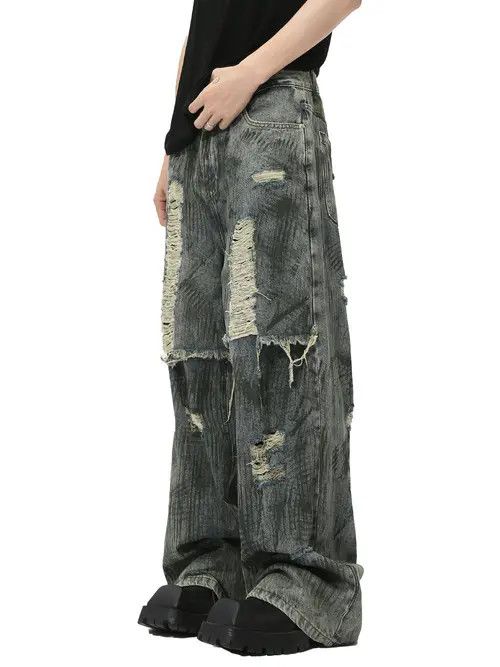 Retro patchwork straight leg ripped jeans