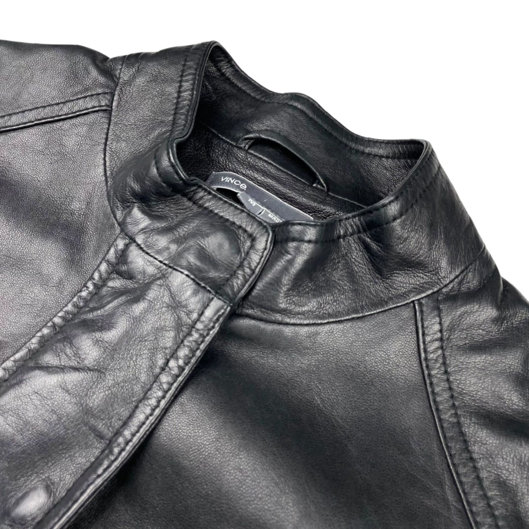 Vince Vince Women's Leather Moto Jacket Black Medium Full Zip/Buttons Lined Crew Neck Collared 100% Leather Budget Vintage: No Size M / US 6-8 / IT 42-44 - 2 Thumbnail