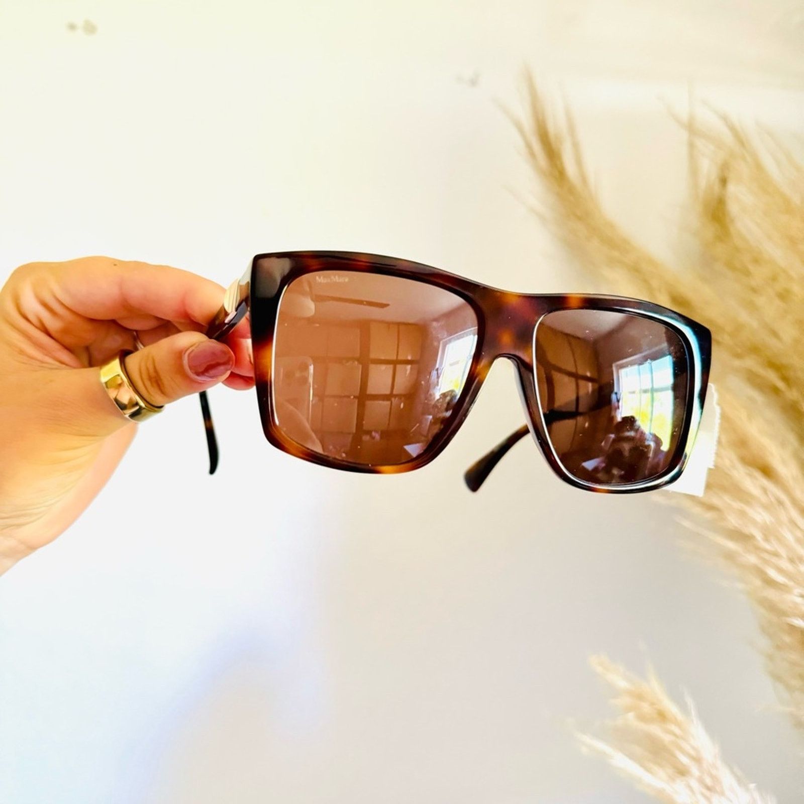 Max Mara NEW MAXMARA Prism Oversize Brown Square Gold Stud Sunglasses Size ONE SIZE - 9 Thumbnail
