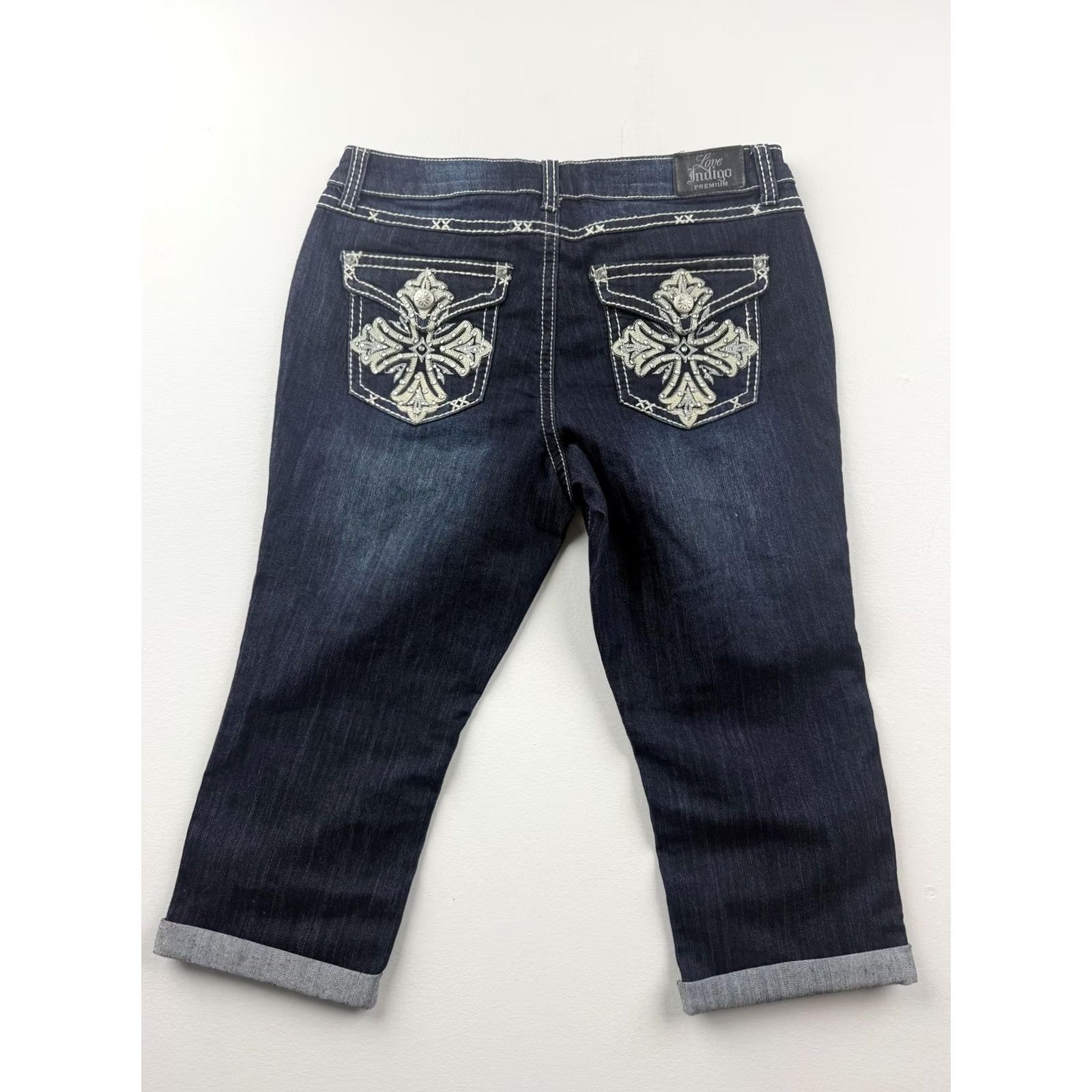 Denime Love Indigo Womens Capri Jeans Mid Rise 12 Blue Embroidered Studded Cuffed Denim Capris Size 34" / US 12 / IT 48 - 2 Thumbnail