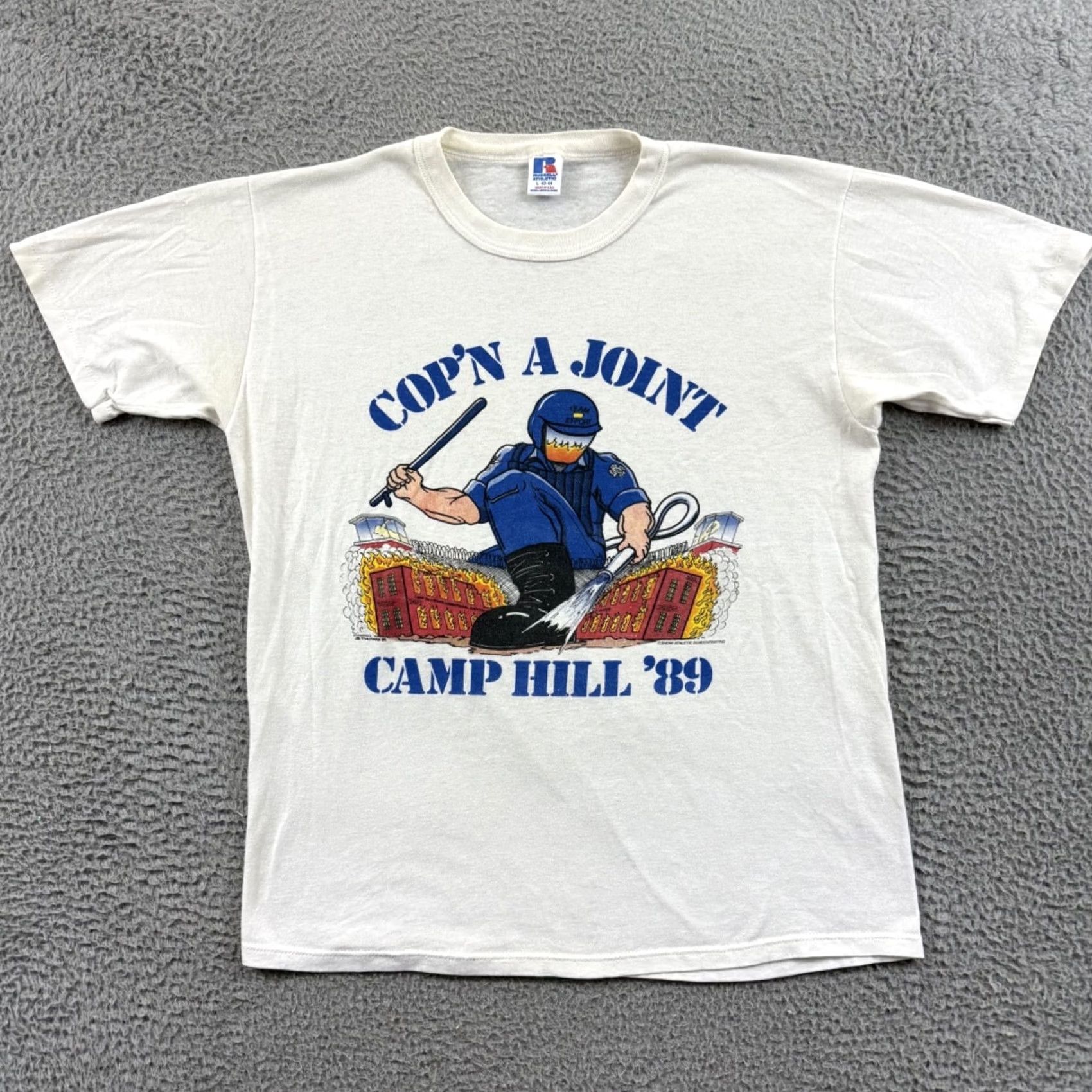 Russell Athletic VINTAGE Russell Athletic Camp Hill Inmate Riot Shirt Mens Large 80s Short Sleeve White Cotton Blend Graphic Print 80s Size US L / EU 52-54 / 3 - 2 Thumbnail