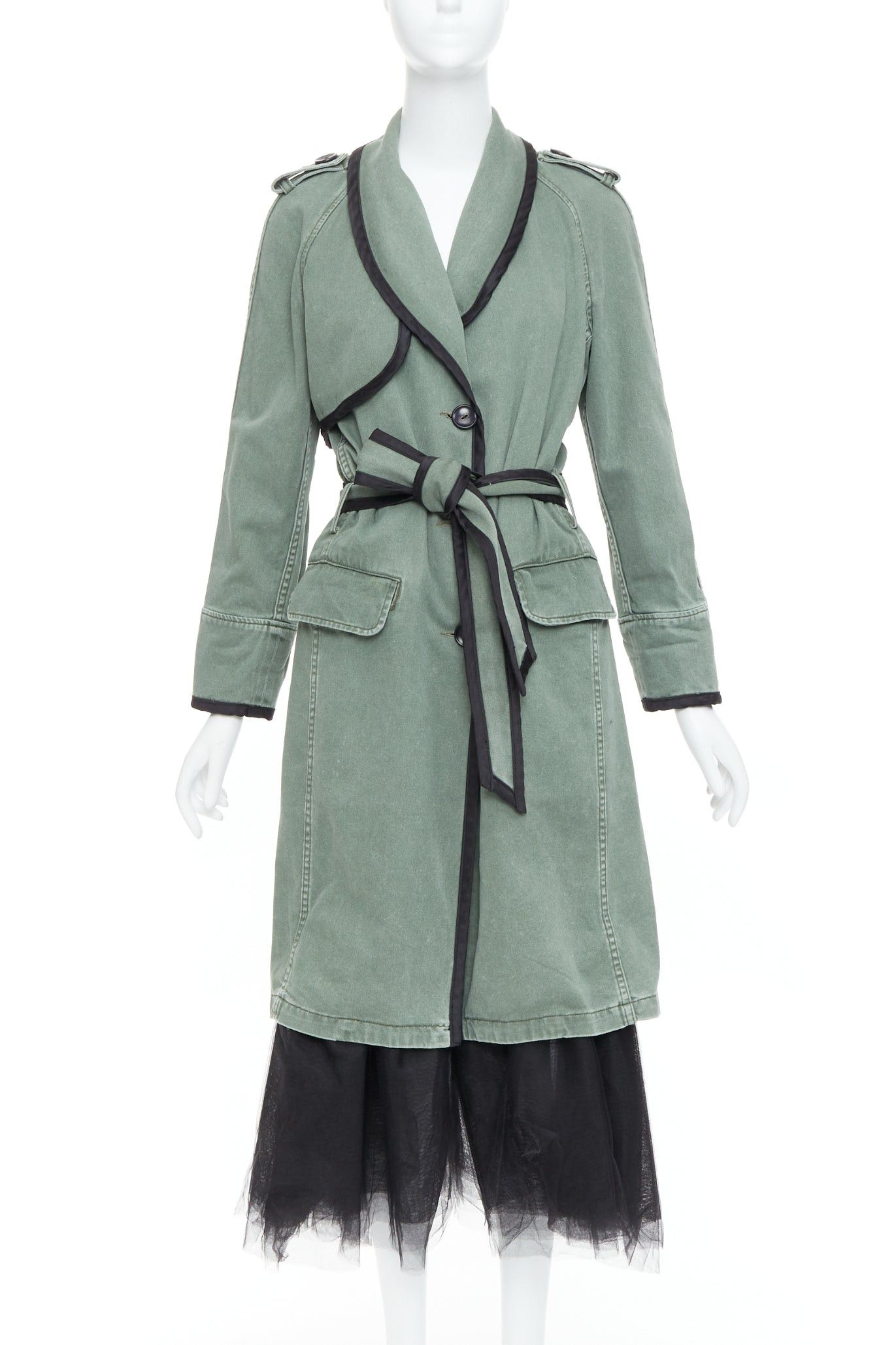 Le Superbe LE SUPERBE green washed cotton black tulle hem tie belt coat US0 XS Size XS / US 0-2 / IT 36-38 - 1 Thumbnail