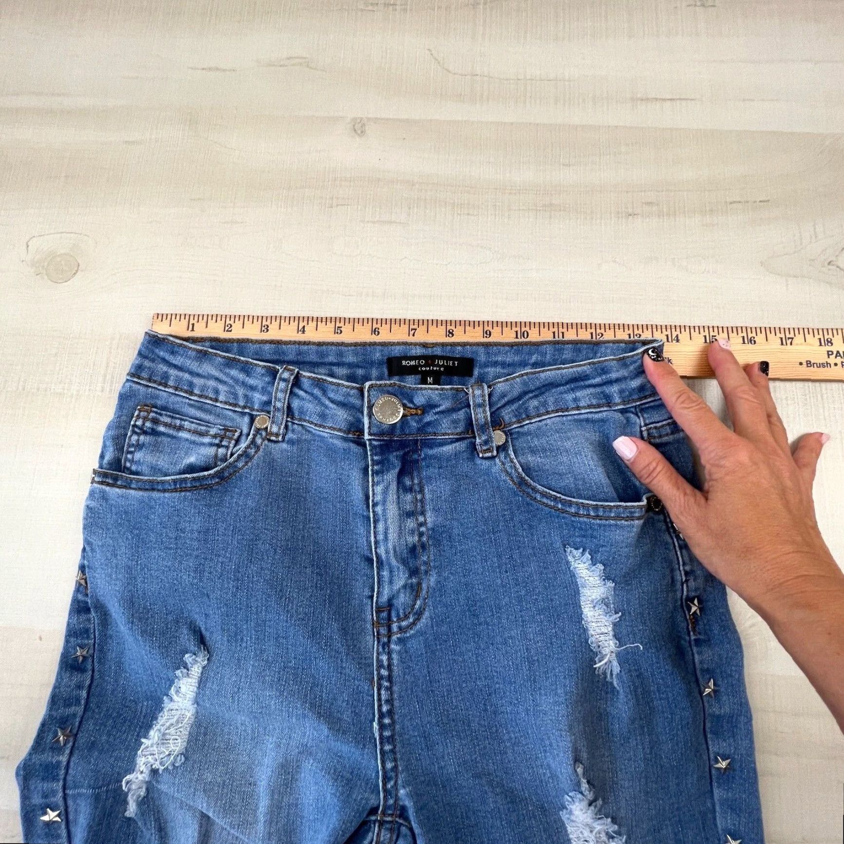 Vintage Romeo & Juliet Womens Medium Blue Skinny Distressed Denim Jeans Star Embellishment Size 32" / US 10 / IT 46 - 7 Thumbnail