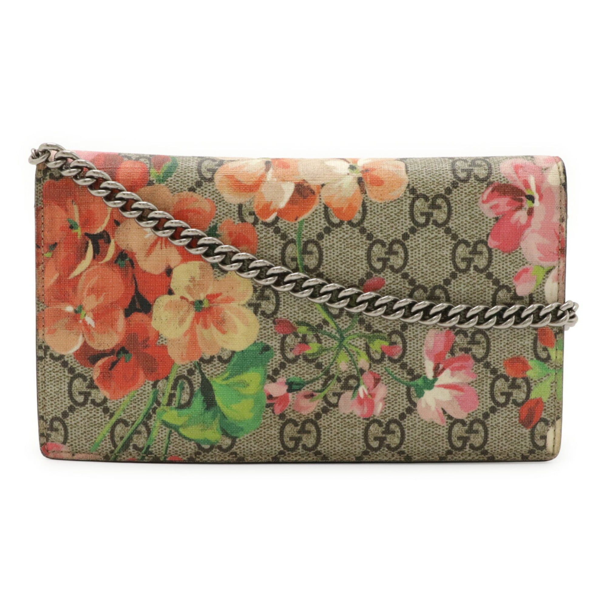 GUCCI GG Blooms Supreme Chain Wallet Shoulder Bag Clutch in PVC Beige and Pink Multicolor (546368)