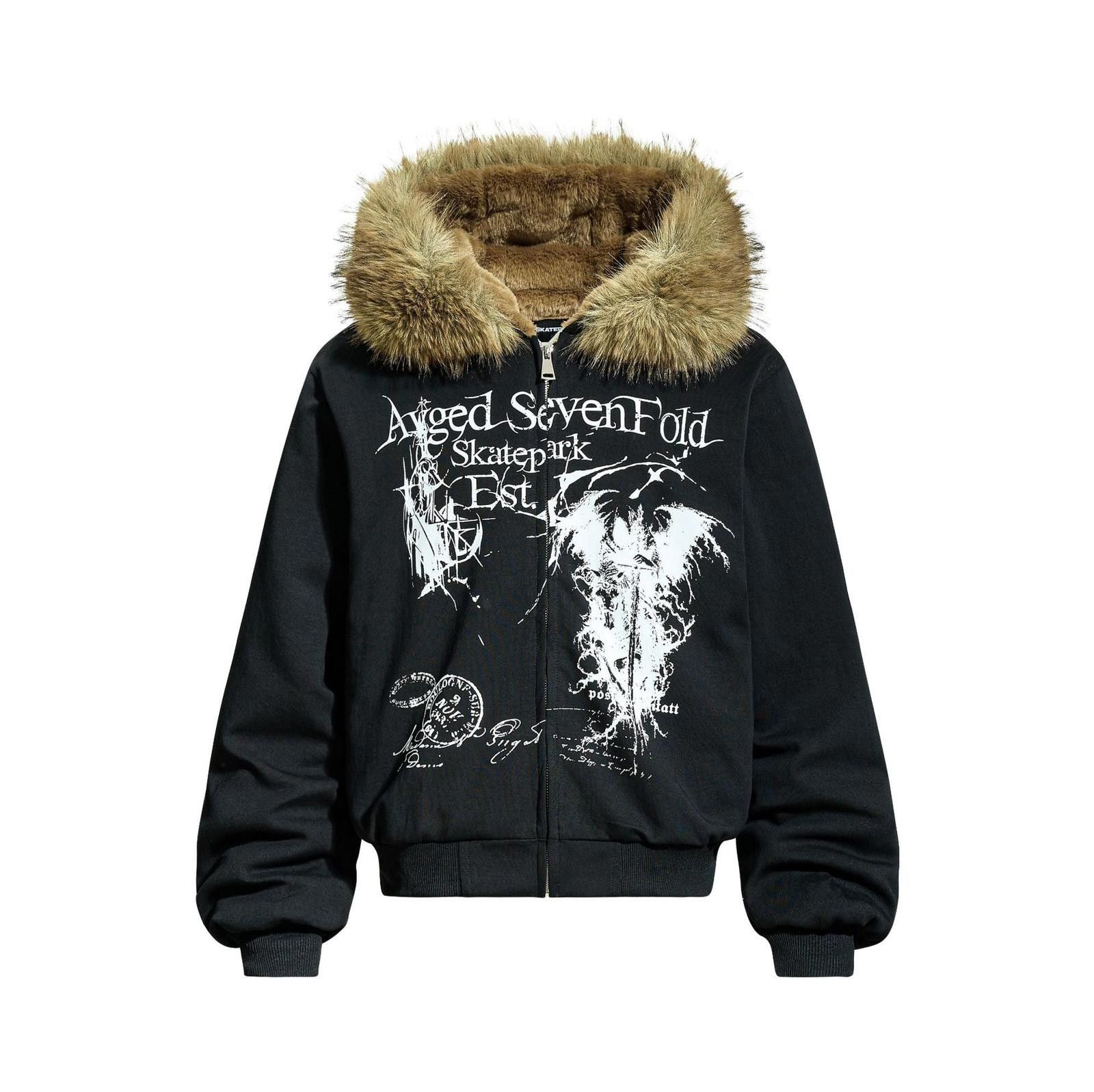 Vintage Black Faux Fur Hooded Graphic Zip-Up Hoodie Size US XL / EU 56 / 4 - 1 Thumbnail