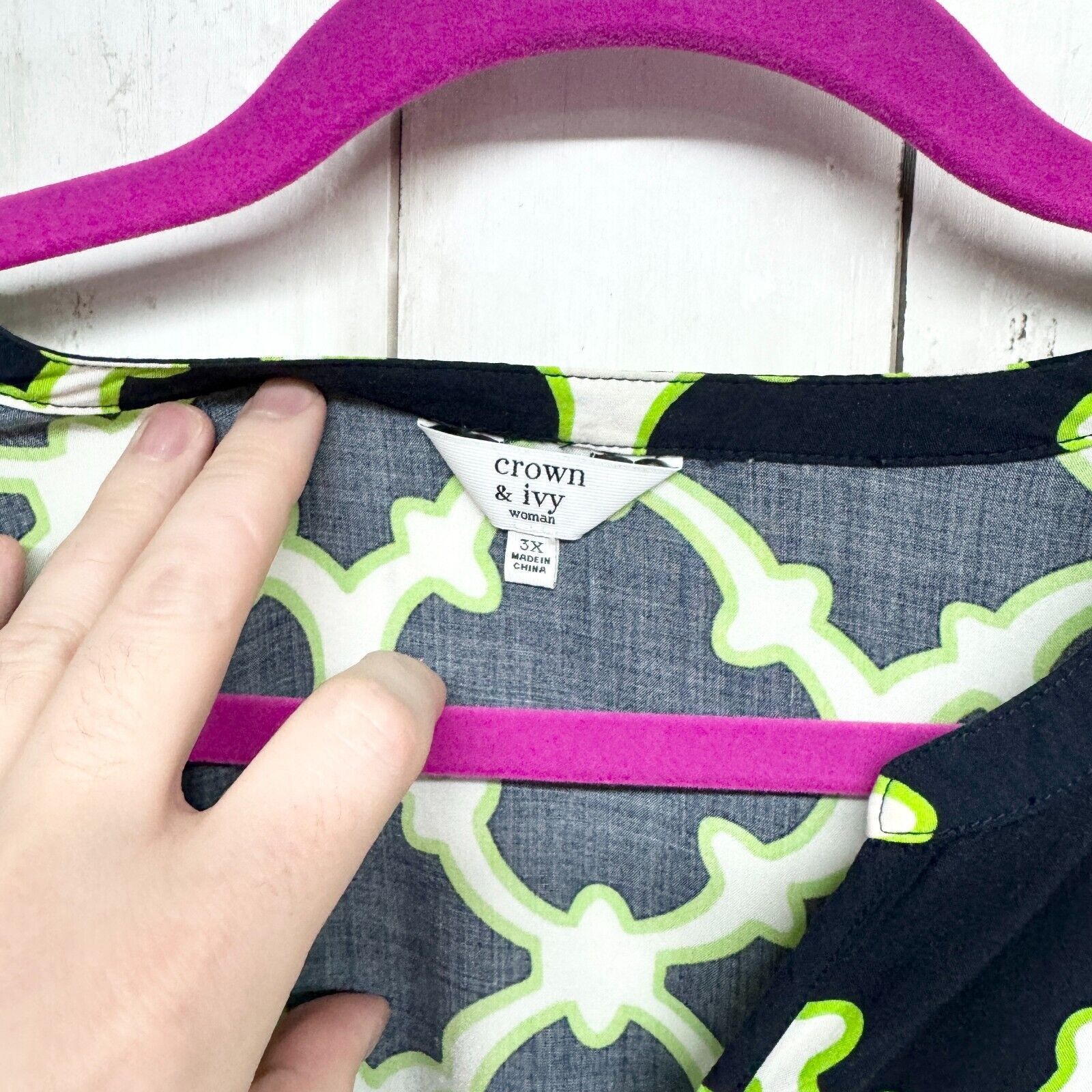 Other Crown & Ivy 3X Top Navy Blue Green Shirt Blouson Sleeves Size 3XL / US 20-22 - 2 Thumbnail