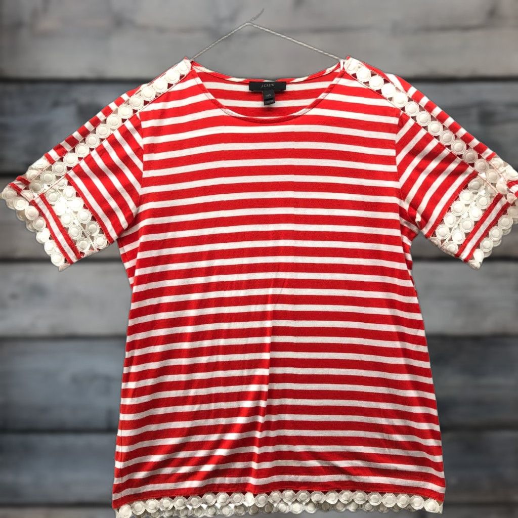 J.Crew VINTAGE J. Crew Crochet T Shirt Womens XXS Red White Striped Crewneck Scallop Hem Size XXS / US 00 / IT 34 - 1 Thumbnail